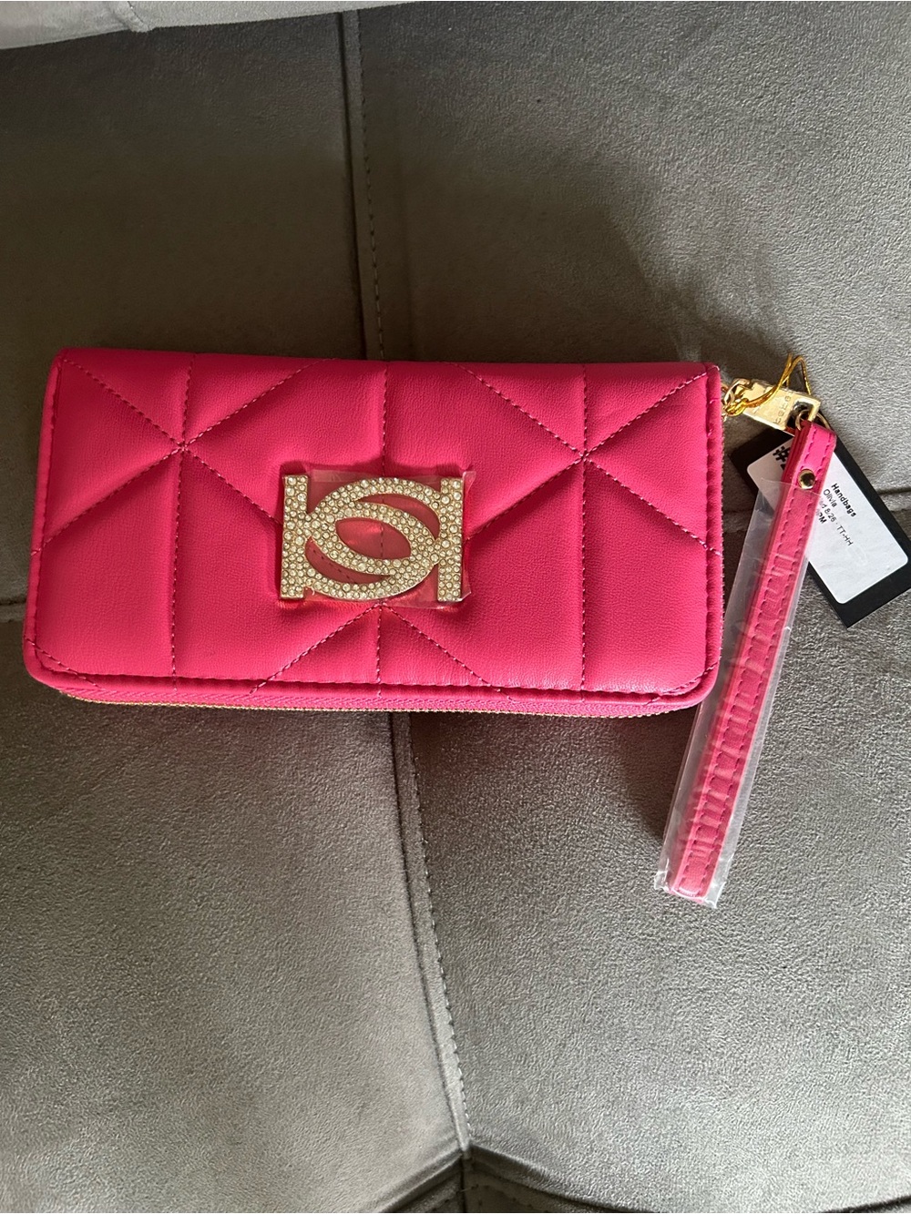 bebe Quilted Bright Pink Wristlet Wallet with Crystal Logo
